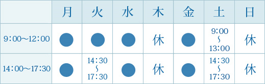 【平日】9：00～12：00／14：00～17：30 【土曜】9：00～13：00／14：30～17：30 【休日】日曜日・祝日